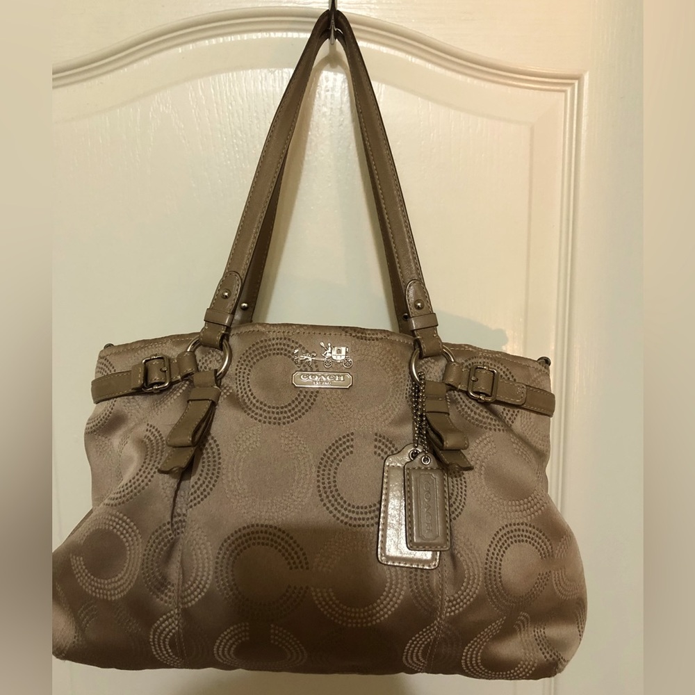 Coach Taupe/Cream Signature Circle Tote Shoulder Bag